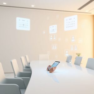 Eine moderne Konferenzräume mit einer ruhigen Atmosphäre und sanfter Beleuchtung.